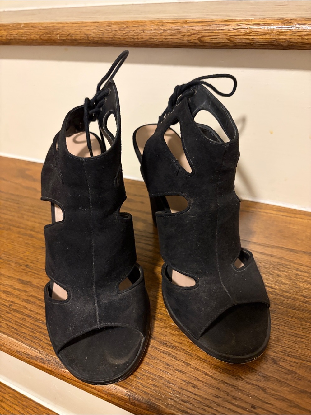 Used Lulu's Black Suede Lace-Up Block Heel Sandals